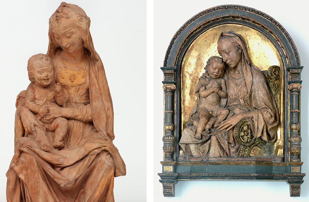 Vänster: ‘Madonna with the laughing child’, c. 1472. Bild: Victoria & Albert Museum, London via The Guardian. Höger: Antonio Rossellino, ‘Madonna and Child’, c. 1475, Bode-Museum, Berlin