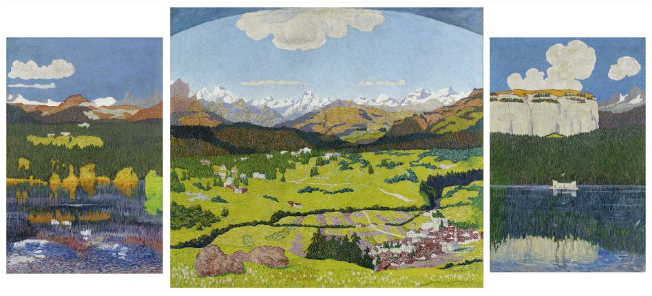 GIOVANNI GIACOMETTI (Stampa 1868-1933 Glion) - Panoramic view of Flims, oil on canvas, 150 x 100 cm, 180 x 200 cm and 150 x 100 cm, monogrammed and dated on the central panel, 1904