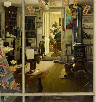 "Shuffleton's Barbershop", Norman Rockwell år 1950. Foto: Collection of Lucas Museum of Narrative Art. ©SEPS: Licensed by Curtis Licensing, Indianapolis, IN.