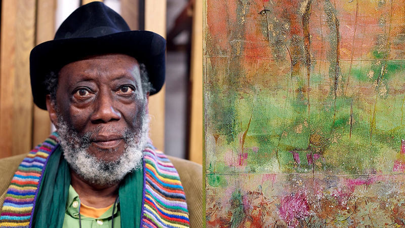 Vänster: Frank Bowling. Foto: Jäger Arén. Höger: Frank Bowling, Traingone (Mahaicony Abary), 1996, 96,5 x 210cm. PHOTOGRAPH REPRODUCED WITH THE PERMISSION OF THE HERBERT ART GALLERY & MUSEUM, COVENTRY.