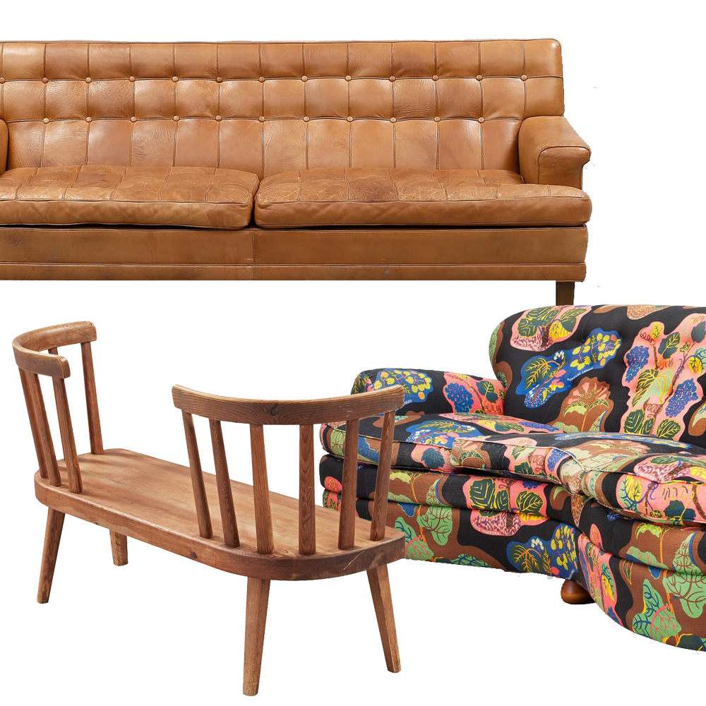1. Soffa. "Merkur", Arne Norell, Norells möbler, 22 000 kronor 2. Axel Einar Hjorth, "Utö", Nordiska Kompaniet, 1930-tal, 51 450 kronor 3. Josef Frank, Firma Svenskt Tenn, modell 968, 22 050 kronor
