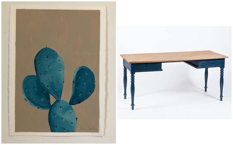 Left: MARINA BENITO. "Blue cactus". Acrylic on paper. Photo via: A place for Art. Right: Rectangular polychrome wooden desk in blue. Image via: Goya Auctions.