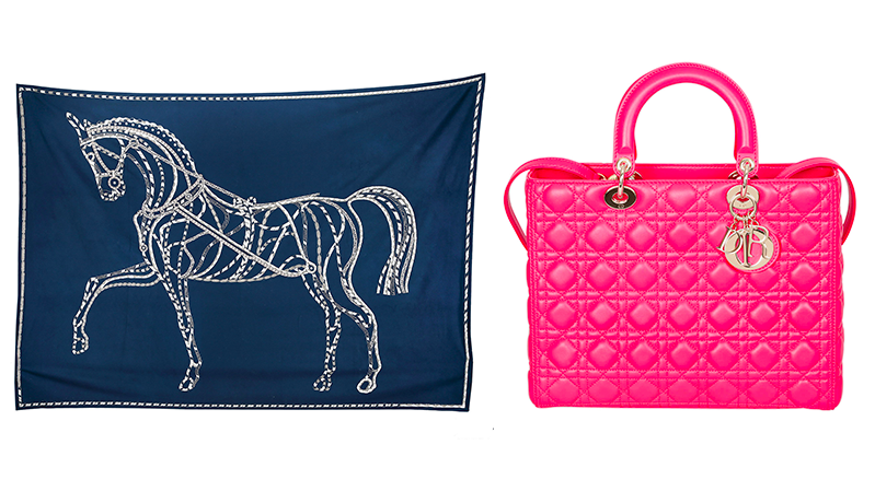 Links: Hermès, Decke "Robe du soir", Kaschmir Rechts: Christian Dior, Henkeltasche "Lady Dior Large"