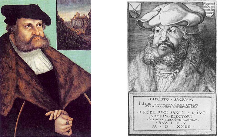 Als Vorlage für das Münzportrait dienten Portraits Friedrichs III. von Lucas Cranach d.Ä. (links) und Albrecht Dürer (rechts).
