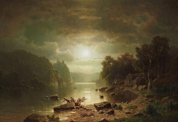 Adolf Chwala (1836 Prag - 1900 Wien) Flodlandskap med slott i månsken, olja, 60,5 x 89 cm, signerad.