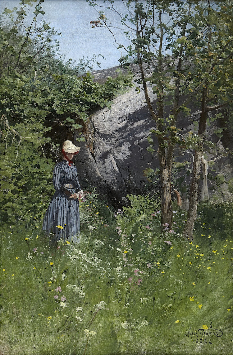 Alfred Thörnes “Kvinna som plockar midsommarbukett” är signerad ch daterad 1888. Målningen klubbades på Stockholms Auktionsverk 38 000 kronor