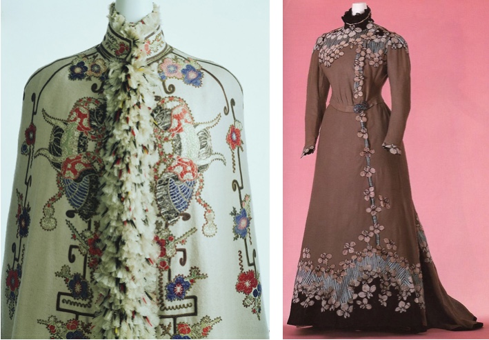Links: Visite aus Frankreich mit Muster aus japanischen Samurai-Helmen und Kirschblüten, um 1890 Rechts: JACQUES DOUCET -Tageskleid mit Kirschblütenmuster, um 1897 Beide im Kyoto Costume Institute