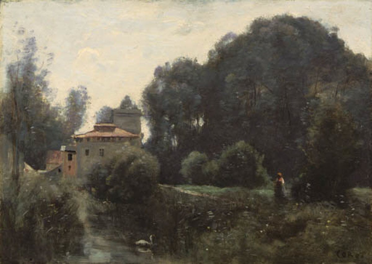 JEAN-BAPTISTE COROT. "Souvenir de la Villa Borghese". Óleo sobre lienzo (c. 1855).