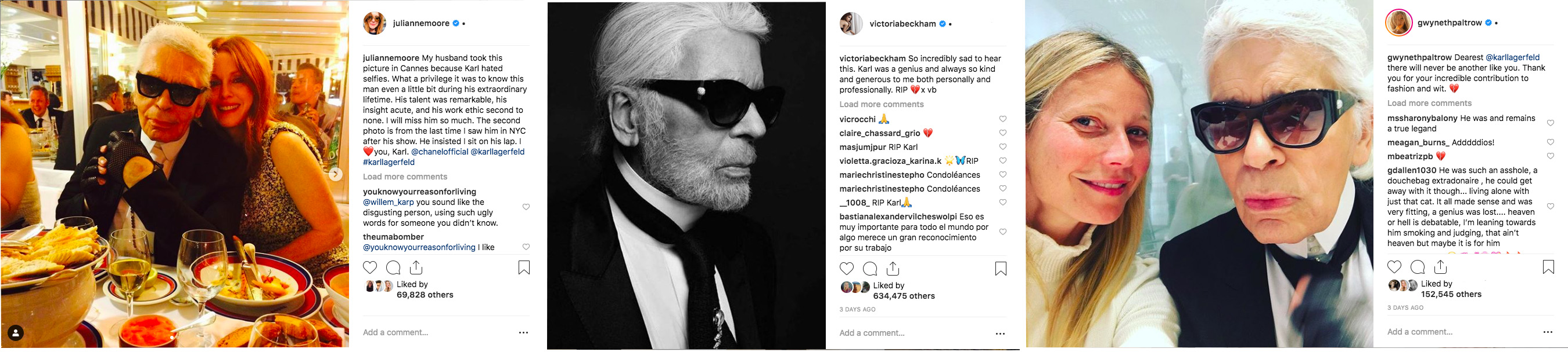 Des célébrités telles comme Julianne Moore, Victoria Beckham et Gwyneth Paltrow ont utilisé Instagram pour faire leurs adieux à Karl Lagerfeld, décédé le mardi 19 février 2019
