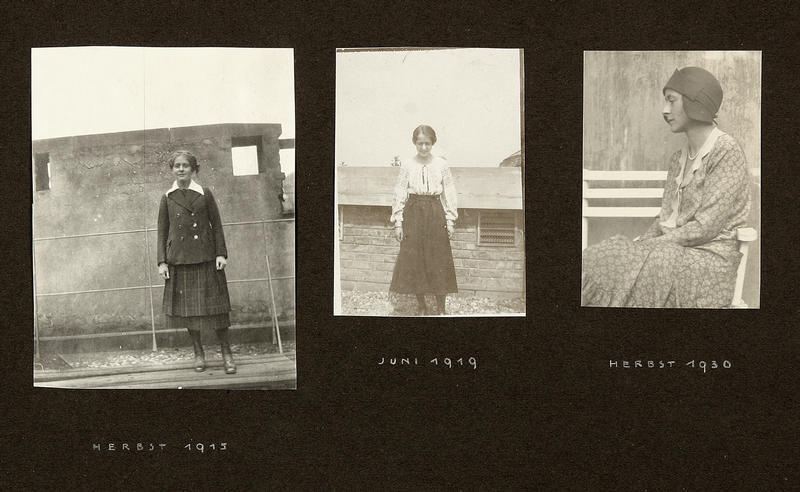 Seite aus einem Fotoalbum mit drei Aufnahmen von Lucie Rie, 1910-30er Jahre | Foto via vads.ac.uk