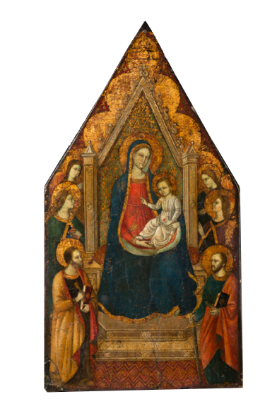 Galerie Alexandre Piatti Primitif italien à fond d’or, La Vierge et l’Enfant sur un trône, 44 cm x 24 cm, Tempera sur bois, École Toscane XIVe siècle