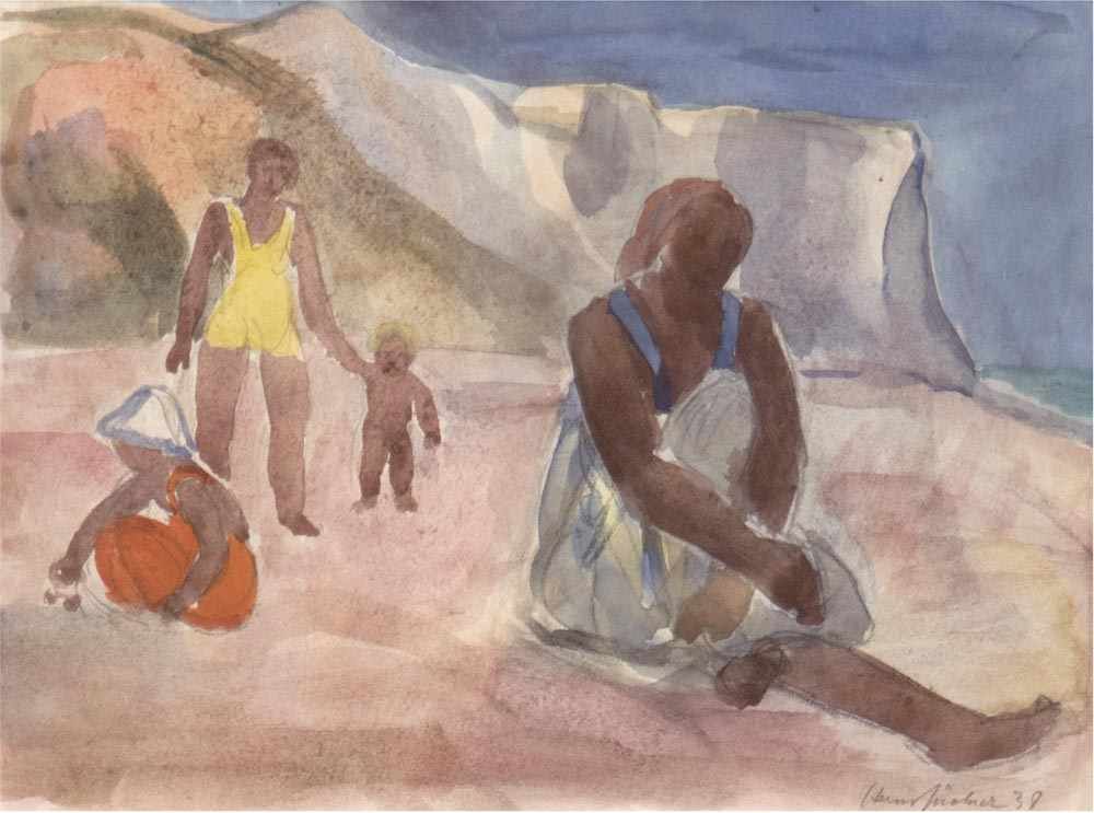 HANS JÜCHSER (1894 Chemnitz-1977 Dresden) - Personen am Strand, Aquarell, signiert und datiert, 1938