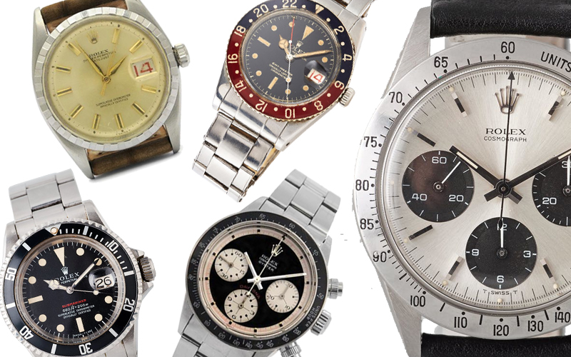 1. Rolex Oyster Perpetual, Datejust, Chronometer, Ref nr. 6605, 16 800, Kaplans. 2. Rolex, GMT-Master, "Pussy Galore", 760 000, Stockholms Auktionsverk 3. Rolex Oyster Perpetual Date, Submariner (660ft=200m, SWISS-T, Mark IV), 441 000 kronor, Bukowskis 4. Cosmograph Oyster, Daytona, s.k. "Paul Newman", 4 850 000 kronor, Kaplans 5. Rolex Oyster, Cosmograph (T SWISS T), "Daytona", kronograf, armbandsur, 37 mm, 340 000 kronor, Bukowskis.