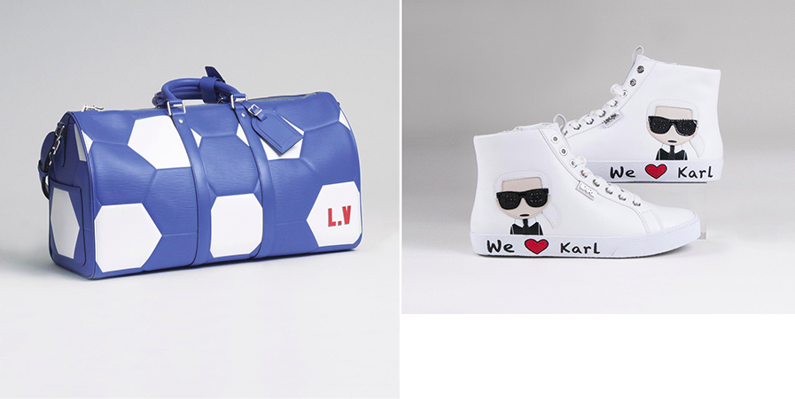 Links: Louis Vuitton, Keepall 50 'Fifa World Cup Russia 2018' Rechts: Karl Lagerfeld, Damen-Sneaker 'We Love Karl', Gr. 39 | Fotos: Stahl