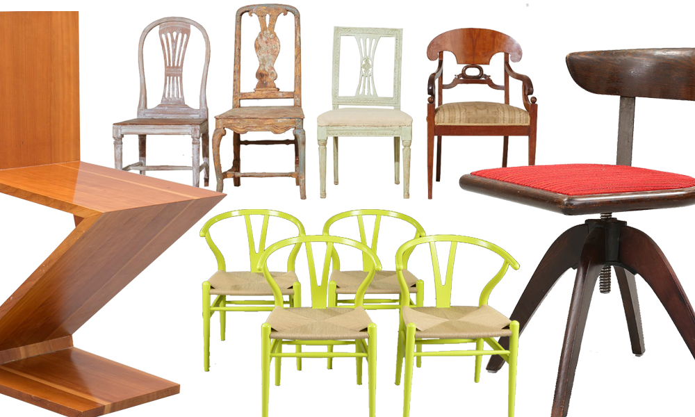 1. Gerrit Rietveld. Stol, "Zig Zag", Cassina, sent 1900-tal, 6 200 kronor 2. Fyra stolar, gustaviansk, rokoko och Karl Johan, 2 000 kronor 3. Hans J. Wegner, fyra lackerade Y-stolar, 11 000 kronor 4. Skrivbordsstol i ek, 1920-30-tal, 800 kronor
