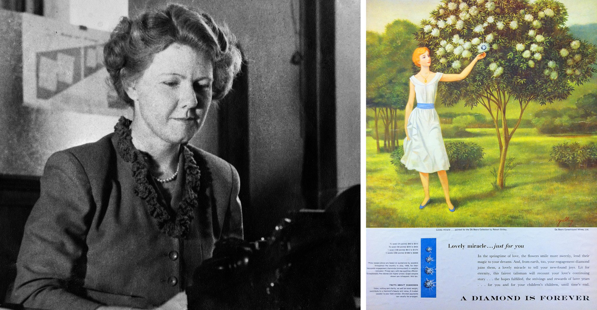 Die Texterin Mary Frances Gerety und eine ihrer Werbekampagnen für De Beers