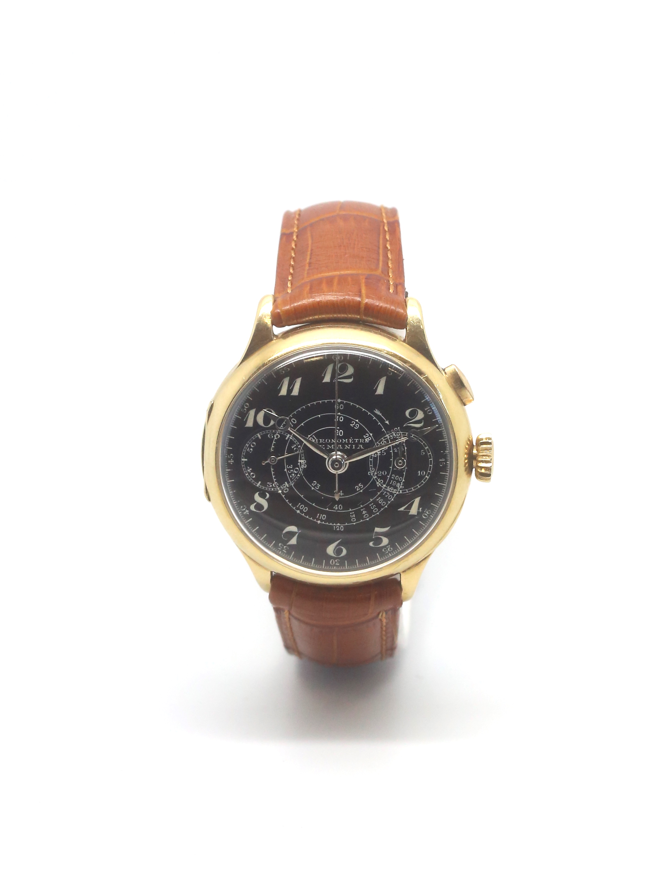 Vintage Rare Lemania Chronometre, circular black porcelain dial with Breguet style numerals, twin register chronograph with marquise pusher, outer seconds track, inner spiralled counter, 37mm 18ct hinged case with oversized crown, inner case back stamped 18k and numbered, Lemania signed 632 movement, on a tan leather strap