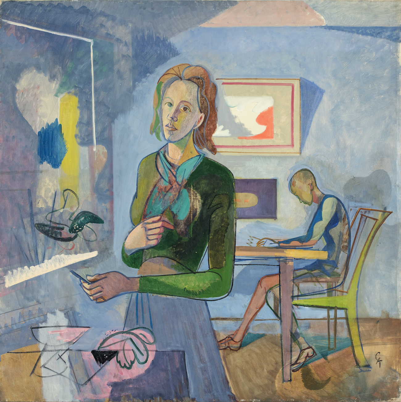 Greta Knutson Tzara, Interiör med kvinna och barn, 1940-tal. Bild via Norrköpings Konstmuseum
