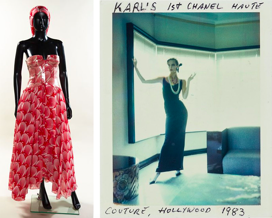 Links: Kleid von Karl Lagerfeld für Chloé, ca. 1975/78 | Abb.: Artcurial || Rechts: Helmut Newton, Karl Lagerfeld's 1st Chanel Haute Couture, Hollywood, 1983 | Abb.: Phillips