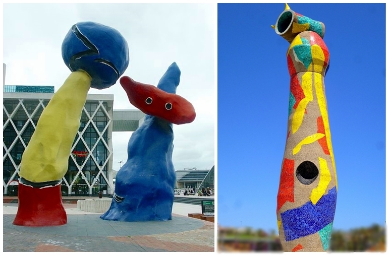 À gauche: JOAN MIRÓ, Deux personnages fantastiques. La Défense, Paris. Image ©Mary Ann Sullivan À droite: JOAN MIRÓ, Dona i Ocell Sculpture Parc de Joan Miró, Barcelone (1981)