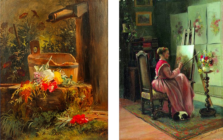 Links: Anna Peters (1843 Mannheim - 1926 Stuttgart), "Blumen am Gartenbrunnen", Öl/Lwd./Holz, signiert Rechts: Anna Peters bei der Arbeit, festgehalten von ihrer Schwester Pietronella Peters um 1870