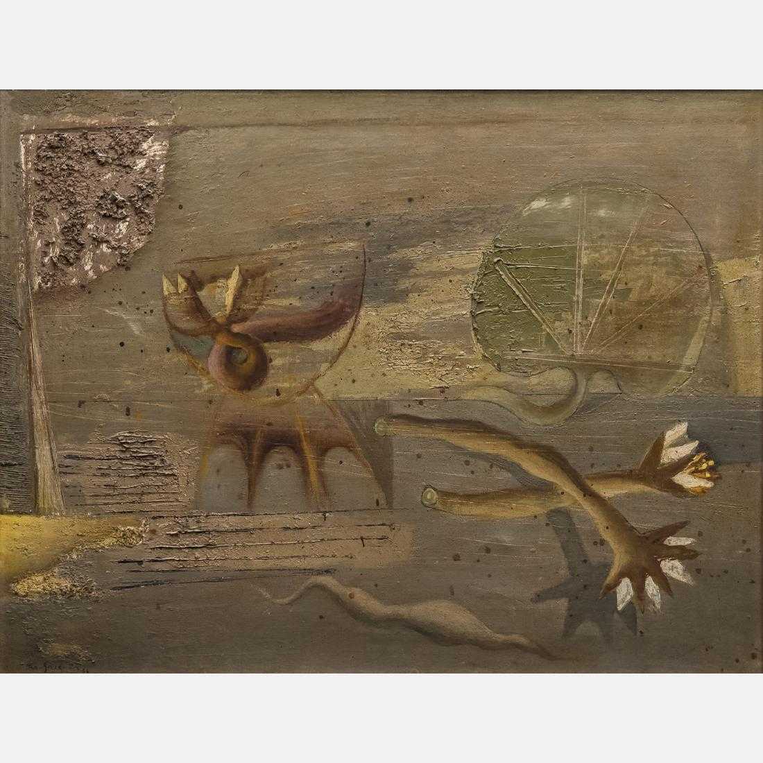This untitled oil on board painting by the Czech painter, graphic artist and illustrator artist Zdeněk Sklenář (1910-1986) is a candidate for top lot of the auction (est. $20,000-$40,000).