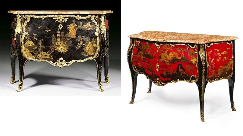 Gauche : J. Dubois, commode laquée, vers 1750, image ©Koller / Droite : J. Dubois, une commode laquée, vers 1745, image ©Sotheby’s