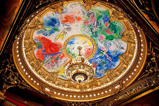 Chagall's ceiling of the Palais Garnier in Paris. Image: Architectural Digest