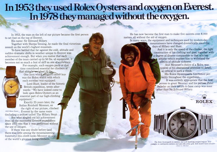 Rolexreklam – Två legendariska bergsbestigare, Sir Edmund Hillary och Reinhold Messner på Mount Everest i maj 1978
