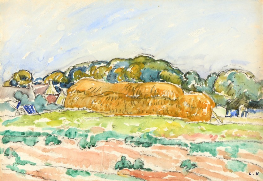 Louis Valtat, Mueles de foin en Normandie, Aquarelle sur papier, exécutée circa 1916, cachet de l’atelier en bas à droite : L.V., 35,5 x 51,5 cm. Galerie Fleury