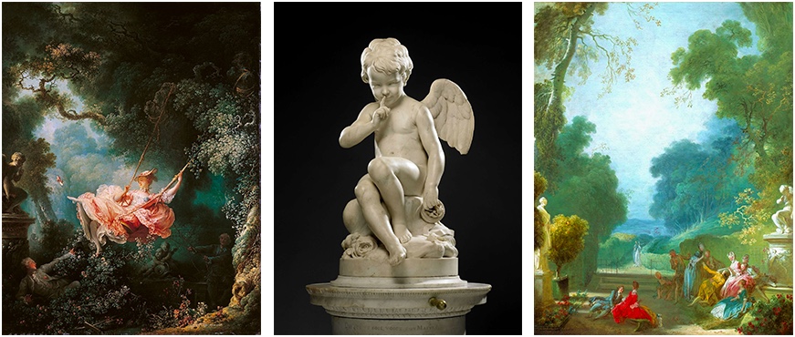 Links: Jean-Honoré Fragonard, Die Schaukel, 1767/68 | Abb. via Wikipedia Mitte: Étienne-Maurice Falconet, L’amour menaçant, ca. 1757 | Abb. via Pinterest Rechts: Jean-Honoré Fragonard, La main chaude, 1775-80 | Abb. via Wikipedia