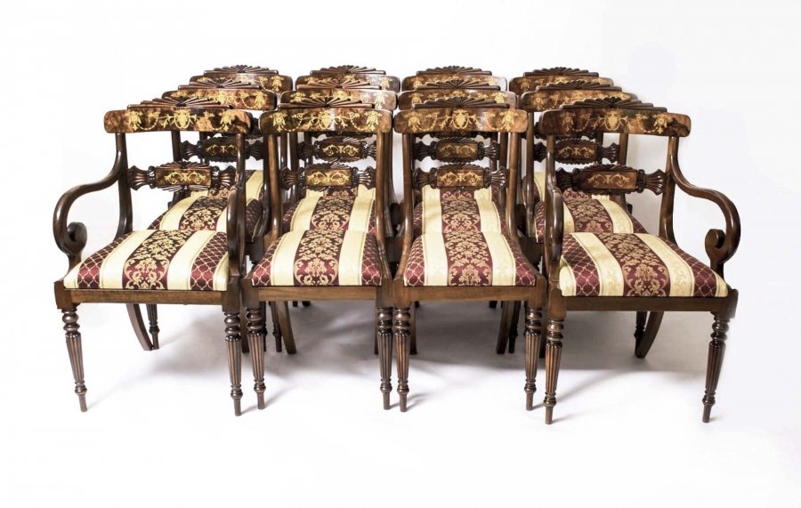 Set of 14 Bespoke Handmade Regency Style Burr Walnut Marquetry Dining Chairs. Photo: Regent Antiques