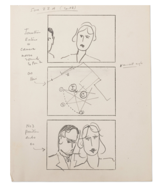 Le storyboard de « Stage Fright » (Le Grand Alibi), d’Alfred Hitchcock, image via Aguttes