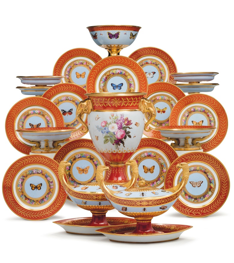 The ‘Marly Rouge’ service: a Sèvres porcelain iron-red and sky-blue ground part dessert service made for Napoleon I, circa 1807-09. Image: Christie's