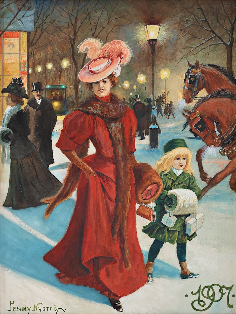 Akvarellen eleganta flanörer i juletid, signerad Jenny Nyström målades 1907 och kostade drygt 110 år senare 440 000 kronor när den klubbades på Bukowskis
