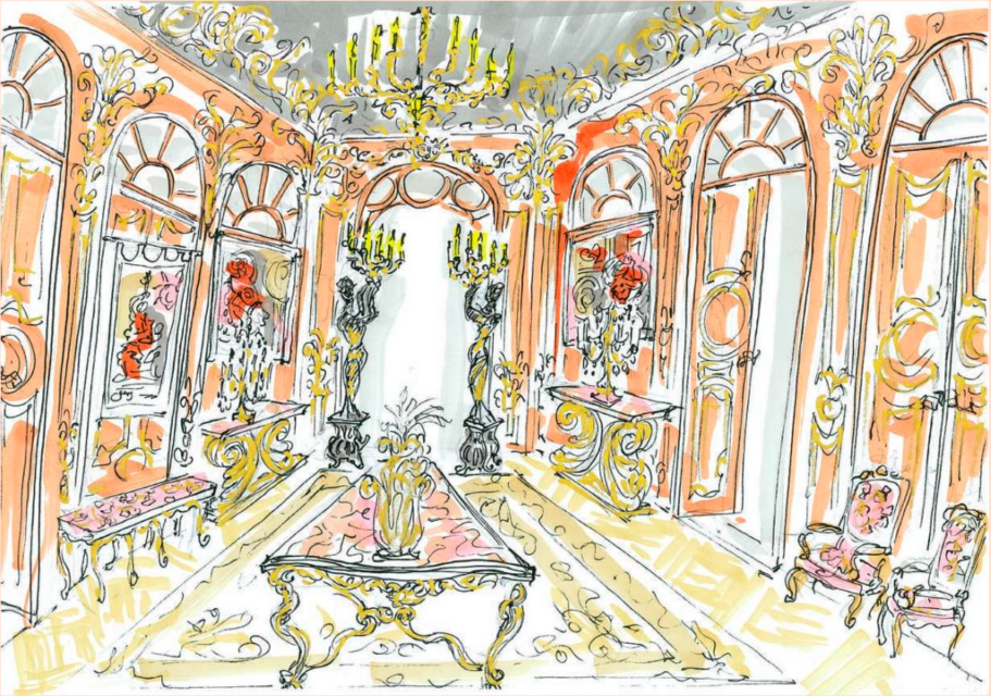 Dessin aqurellé réalisé par Vincent Darré pour la scénographie de l'exposition, image ©Artcurial