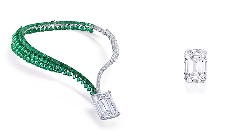 Links: Dieses Collier ziert der aktuell teuerste weiße Diamant (Foto) Rechts: So große wie eine Walnuss ist dieser Diamant (Foto: Sotheby's)