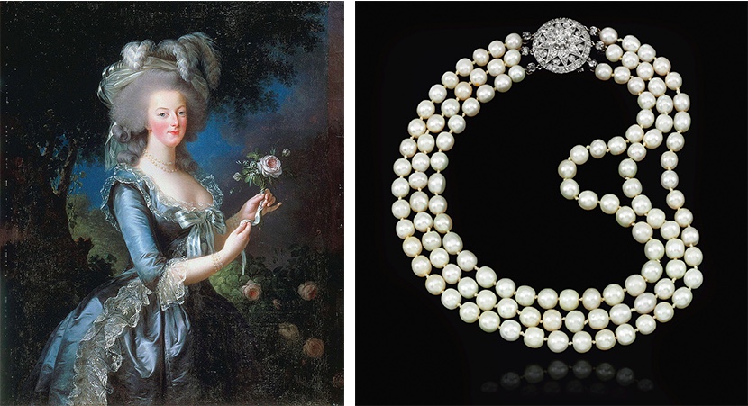 Links: Elisabeth-Louise Vigée-Lebrun, Marie Antoinette mit Rose, 1783 (Château de Versailles) Rechts: Collier mit Perlen aus dem Besitz Marie Antoinettes. Erzielter Preis: 2.295.000 CHF (Foto: ©Sotheby's)