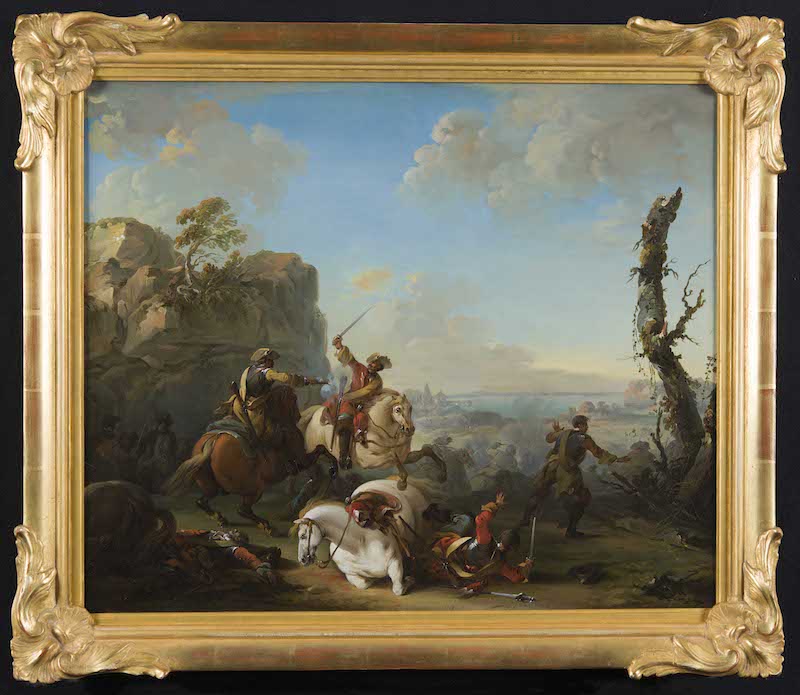 En av de målningar som är till salu på utställningen "Tre Sekler" hos Åmells är Johan Edvard Mandelberg (1731-86), Bataljscen. Målningen är signerad och daterad "I: E: Mandelberg Paris 1754". Priset är 125 000 kronor