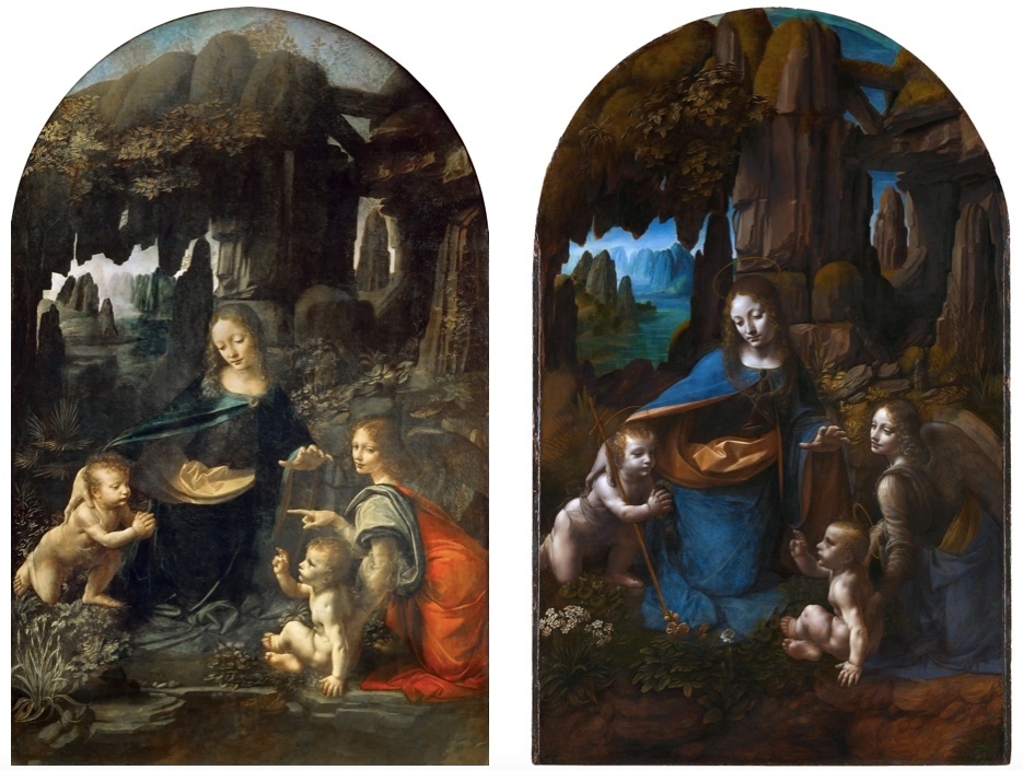 To the left: The Virgin of the Rocks, the first version painted about 1483-1486. To the right: The Virgin of the Rocks, the second version painted about 1493-1508. Bilda: barnebys.de