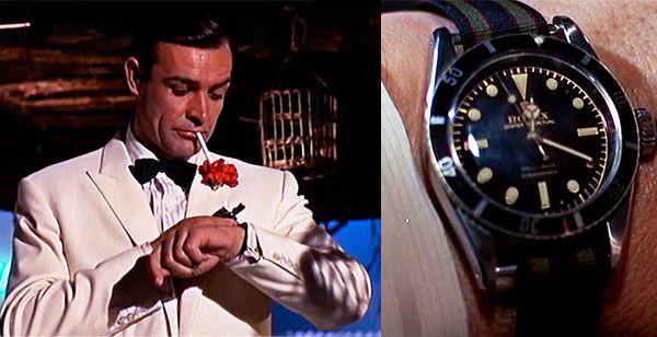 Sean Connery regarde sa Rolex Submariner dans « Goldfinger », image via Pinterest