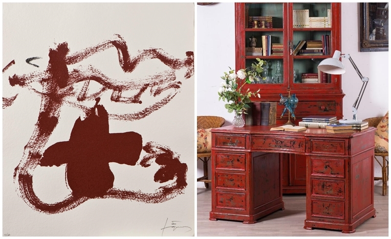 Left: ANTONI TÀPIES. "An inexhaustible hope" (2004). Photo: Royal Auction. Right: Antique desk turned red (19th century). Photo via: Allcollection.