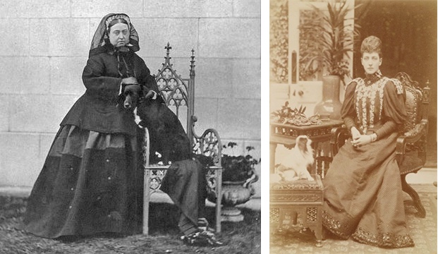 Links: Queen Victoria mit ihrem Collie Sharp | Foto via avictorian.com Rechts: Alexandra Princess of Wales mit einem ihrer Hunde | Foto via mimimatthews.com