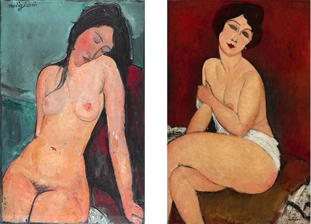 Links: Amedeo Modigliani, Nu assis, 1916 | Abb.: © The Samuel Courtauld Trust, The Courtauld Gallery London Rechts: Amedeo Modigliani, Nu assis sur un divan (La Belle Romaine), ca. 1918 | Abb. via Sotheby's