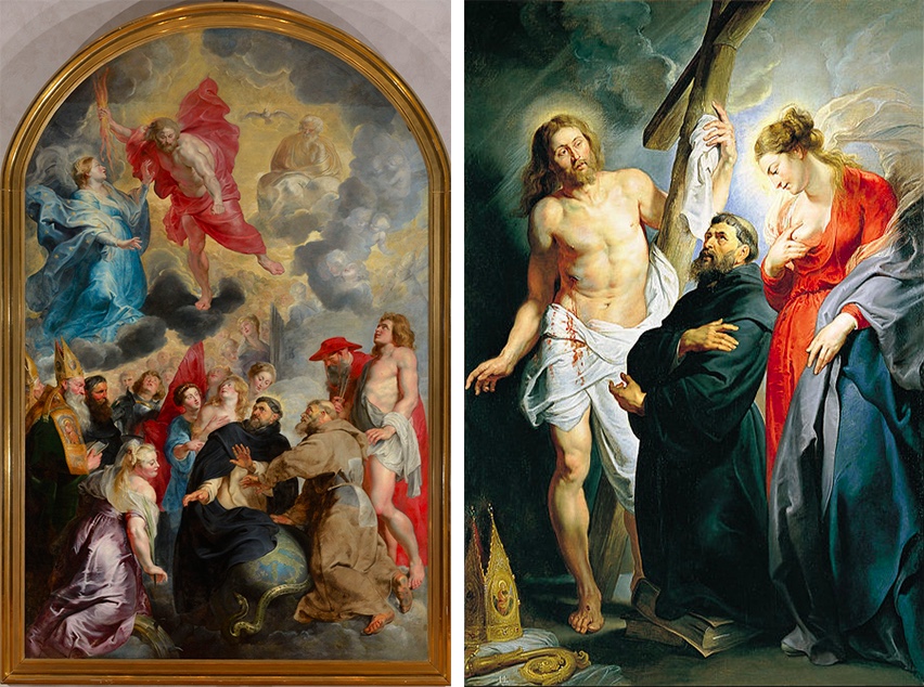 Links: Peter Paul Rubens - Die Heiligen Dominikus und Franziskus von Assisi als Beschützer der Welt vor dem Zorn Christi, um 1618, Musée des Beaux Arts, Lyon Rechts: Peter Paul Rubens - Augustinus zwischen Christus und Maria, um 1615, Real Accademia de Bellas Artes de San Fernando, Madrid | Beide Abb.: Wikipedia