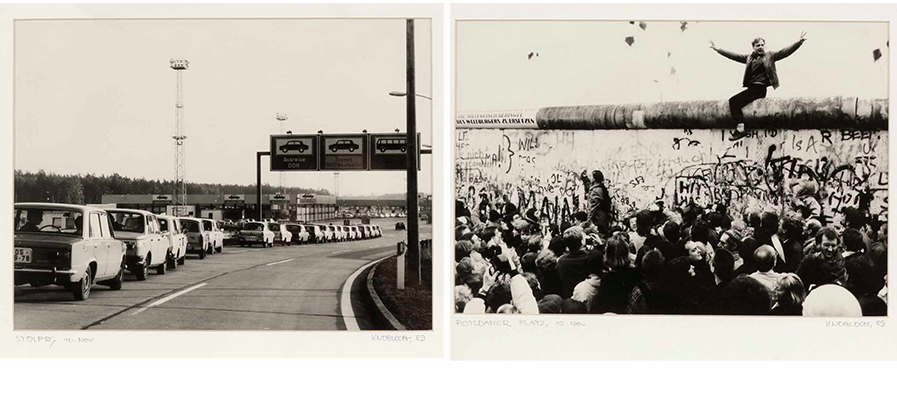 Jochen Knobloch (*1941 Dresden)
Links: "Stolpe, 10. Nov.", Schwarzweißfotografie/Fotopapier, signiert und datiert, 1989 Rechts: "Potsdamer Platz, 12. Nov.", Schwarzweißfotografie/Fotopapier, signiert und datiert, 1989 | Foto: Kastern