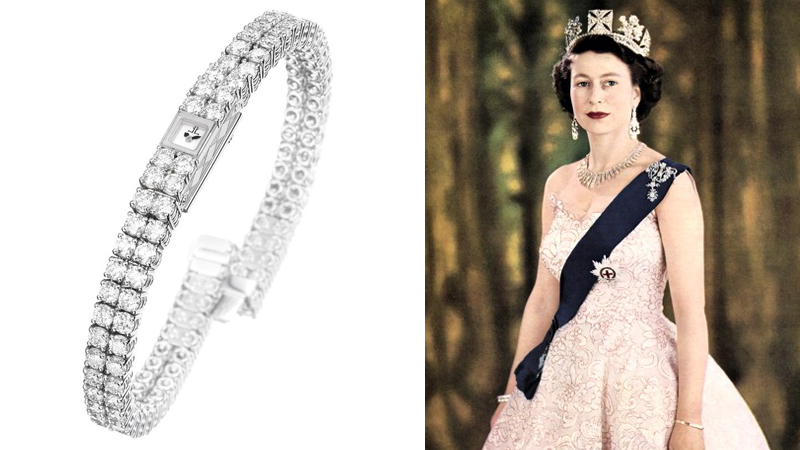 Sinistra: il Jaeger-LeCoultre regalato alla regina Elisabetta in occasione del Diamond Jubilee nel 2012; destra: la Regina il giorno della sua incoronazione con il modello Calibro 101, 1953