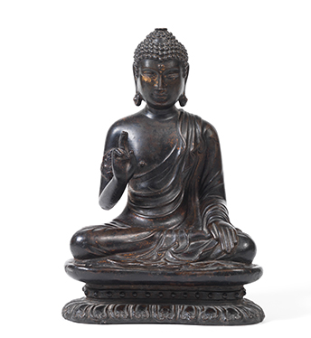 Statuette de bouddha en bronze laqué et doré