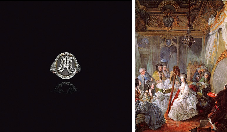 Links: Diamantring mit Haaren und den Initialen Marie Antoienttes. Erzielter Preis: 447.000 CHF (Foto: ©Sotheby's) Rechts: Jean-Baptiste André Gautier-Dagoty, Marie-Antoinette spielt die Harfe im Chambre de la Reine, 1777 (Château de Versailles)