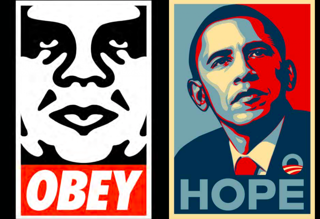 Deux des estampes les plus emblématiques de Shepard Fairey, « OBEY » et « HOPE »